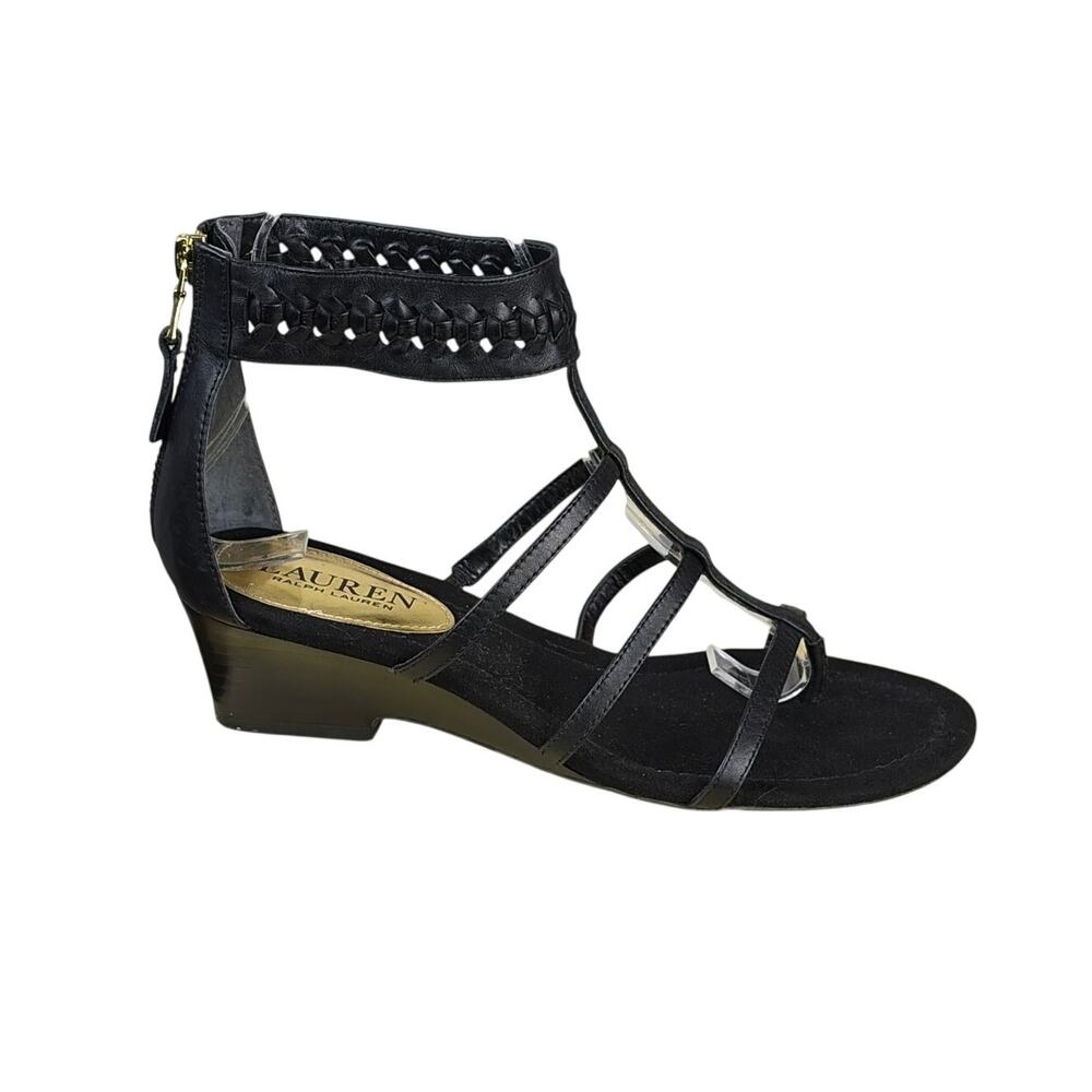 Ralph Lauren Meira Black Leather Wedge Sandals Size 6.5B Cocktail Summer